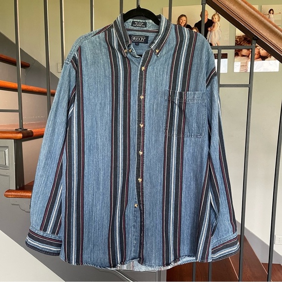 Sasson Men's Denim Button Down Shirt Size Large striped vintage 90’s - Picture 1 of 10